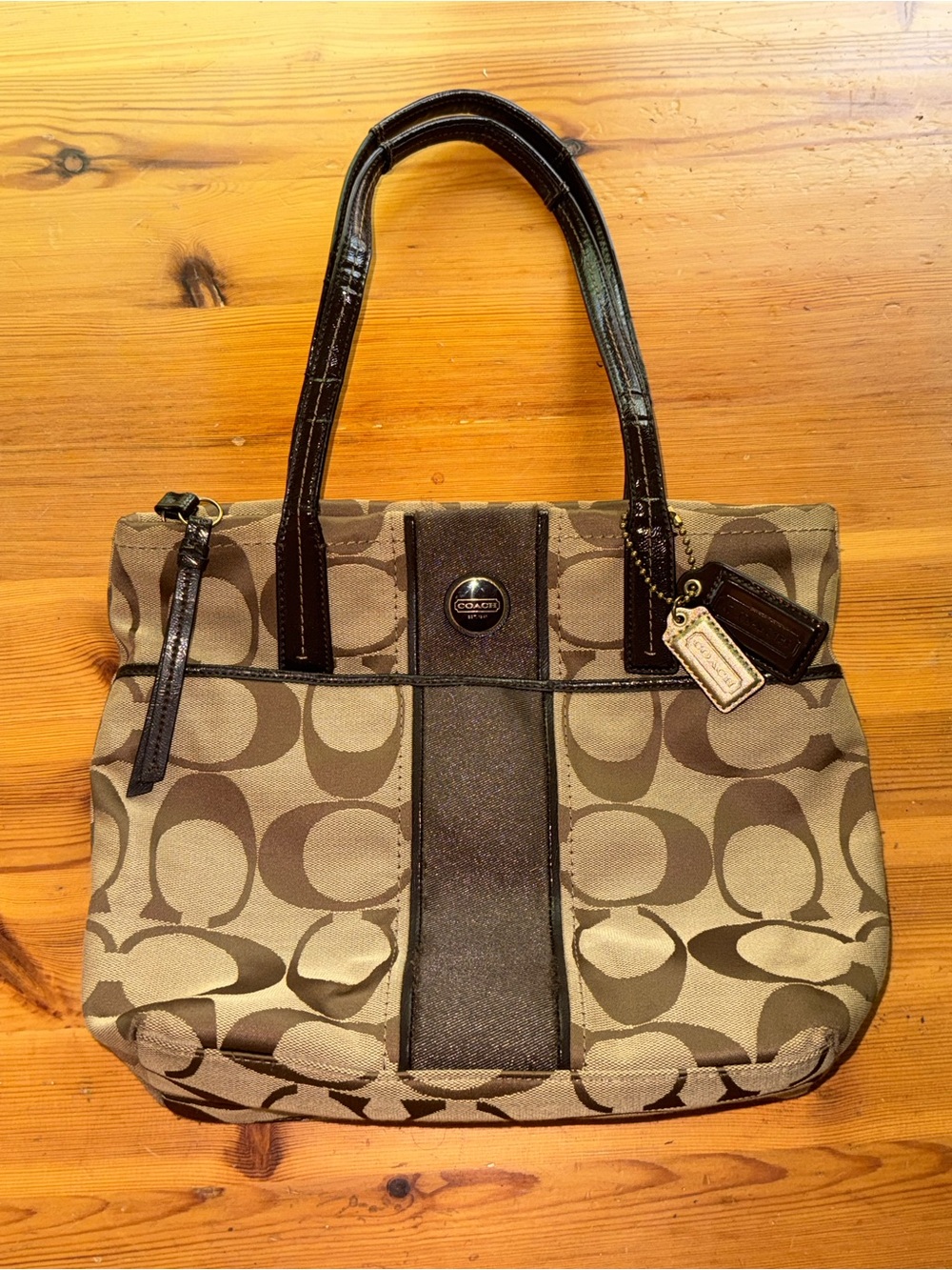 Coach Khaki and Chocolate Signature Tote with Center Stripe